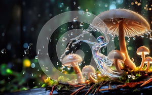 magical mushrooms forest, dew fairy dancing, spellbound design for children photo