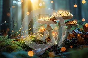 Magical mushrooms Glowing fungi in a serene and dreamy forest