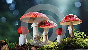 Magical mushrooms with red cap in dark forest