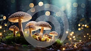 Magical mushrooms with red cap in dark forest with lights