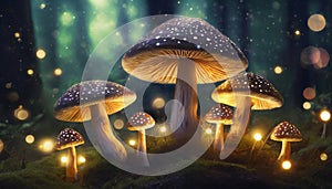 Magical mushrooms with red cap in dark forest with lights