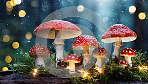 Magical mushrooms with red cap in dark forest with lights