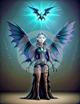 Magical mysterious fairy with wings in dark forest