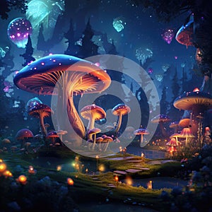 A magical neon mushroom forest with large glowing mushrooms at night. Concept illustration