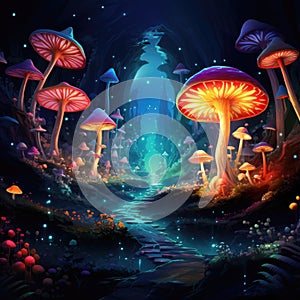 A magical neon mushroom forest with large glowing mushrooms at night. Concept illustration