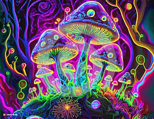 Magical neon mysterious mushrooms. Growing microorganisms. Fluorescent psicodelic - generated by ai