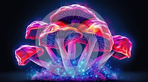 Magical neon mysterious mushrooms. Growing microorganisms. Generative AI illustration. Fancy design for banner, poster, postcard,