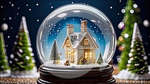 magical New Year\'s crystal ball with a house and a Christmas tree inside, it\'s snowing all around, photo