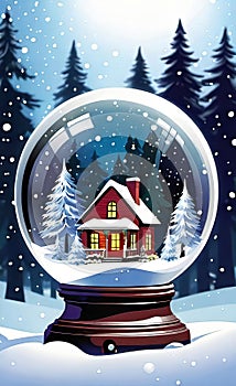 magical New Year\'s crystal ball with a house and a Christmas tree inside, it\'s snowing all around, photo
