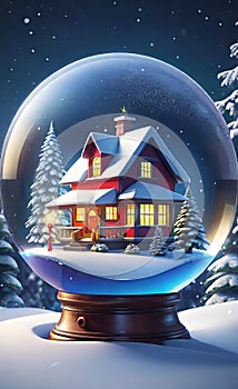 magical New Year\'s crystal ball with a house and a Christmas tree inside, it\'s snowing all around, photo