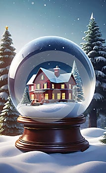 magical New Year\'s crystal ball with a house and a Christmas tree inside, it\'s snowing all around, photo