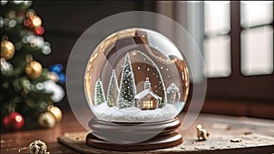 magical New Year\'s crystal ball with a house and a Christmas tree inside, it\'s snowing all around, photo