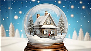 magical New Year\'s crystal ball with a house and a Christmas tree inside, it\'s snowing all around, photo