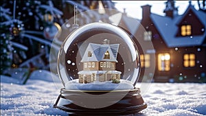 magical New Year\'s crystal ball with a house and a Christmas tree inside, it\'s snowing all around, photo
