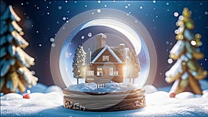 magical New Year\'s crystal ball with a house and a Christmas tree inside, it\'s snowing all around, photo