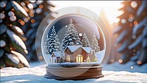 magical New Year\'s crystal ball with a house and a Christmas tree inside, it\'s snowing all around, photo
