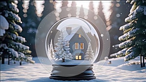magical New Year\'s crystal ball with a house and a Christmas tree inside, it\'s snowing all around, photo