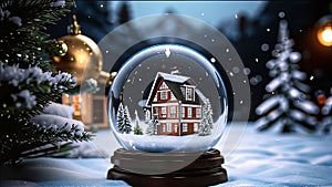 magical New Year\'s crystal ball with a house and a Christmas tree inside, it\'s snowing all around, photo