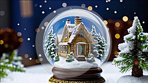 magical New Year\'s crystal ball with a house and a Christmas tree inside, it\'s snowing all around, photo