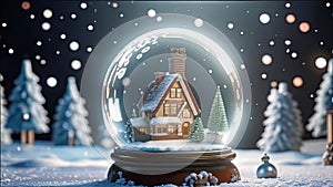 magical New Year\'s crystal ball with a house and a Christmas tree inside, it\'s snowing all around, photo