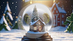 magical New Year\'s crystal ball with a house and a Christmas tree inside, it\'s snowing all around, photo