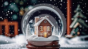 magical New Year\'s crystal ball with a house and a Christmas tree inside, it\'s snowing all around, photo
