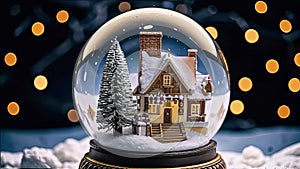 magical New Year\'s crystal ball with a house and a Christmas tree inside, it\'s snowing all around, photo