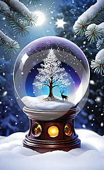 magical New Year\'s crystal ball with a house and a Christmas tree inside, it\'s snowing all around, photo