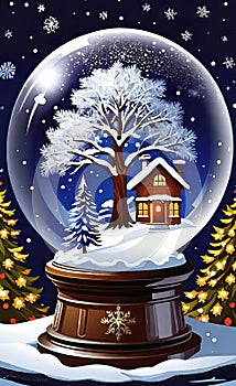 magical New Year\'s crystal ball with a house and a Christmas tree inside, it\'s snowing all around, photo