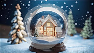 magical New Year\'s crystal ball with a house and a Christmas tree inside, it\'s snowing all around, photo