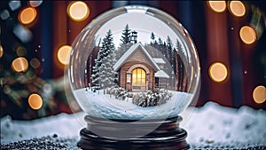 magical New Year\'s crystal ball with a house and a Christmas tree inside, it\'s snowing all around, photo