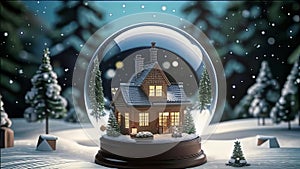 magical New Year\'s crystal ball with a house and a Christmas tree inside, it\'s snowing all around, photo