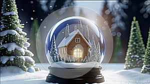 magical New Year\'s crystal ball with a house and a Christmas tree inside, it\'s snowing all around, photo