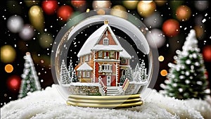 magical New Year\'s crystal ball with a house and a Christmas tree inside, it\'s snowing all around, photo