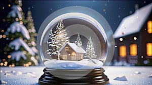 magical New Year\'s crystal ball with a house and a Christmas tree inside, it\'s snowing all around, photo