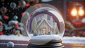 magical New Year\'s crystal ball with a house and a Christmas tree inside, it\'s snowing all around, photo