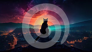 Magical Night: A Cat on the Roof Casting its Spell Across the Landscape. Perfect for Posters and Wallpapers.