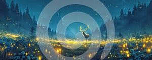 A magical night landscape with a glowing, majestic deer surrounded by fireflies and a starry sky in a serene forest
