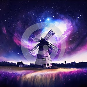Magical night landscape with windmill and milky way. Vector illustration. Generative AI