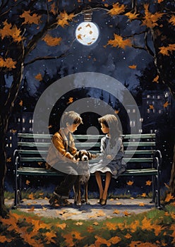 The Magical Night of Love and Devotion: A Cute Cartoon of Two Children and a Dog on a Park Bench