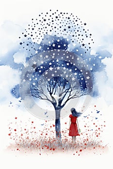 Magical Night Sky - Girl Gazing at Star-Shaped Tree Leaves in Watercolor