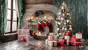 Magical nostalgic retro Christmas presents, sweets and anniversary cakes in front of a festive backdrop with colorful decorations