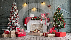 Magical nostalgic retro Christmas presents, sweets and anniversary cakes in front of a festive backdrop with colorful decorations