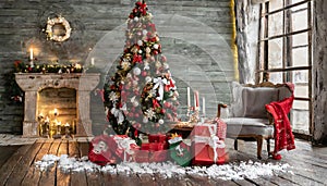 Magical nostalgic retro Christmas presents, sweets and anniversary cakes in front of a festive backdrop with colorful decorations