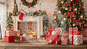 Magical nostalgic retro Christmas presents, sweets and anniversary cakes in front of a festive backdrop with colorful decorations