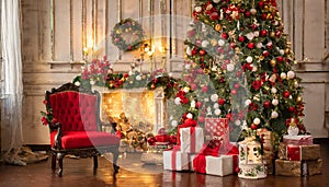 Magical nostalgic retro Christmas presents, sweets and anniversary cakes in front of a festive backdrop with colorful decorations