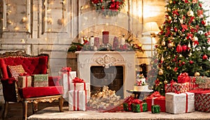 Magical nostalgic retro Christmas presents, sweets and anniversary cakes in front of a festive backdrop with colorful decorations