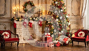 Magical nostalgic retro Christmas presents, sweets and anniversary cakes in front of a festive backdrop with colorful decorations