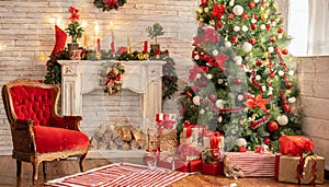 Magical nostalgic retro Christmas presents, sweets and anniversary cakes in front of a festive backdrop with colorful decorations