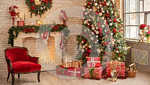 Magical nostalgic retro Christmas presents, sweets and anniversary cakes in front of a festive backdrop with colorful decorations